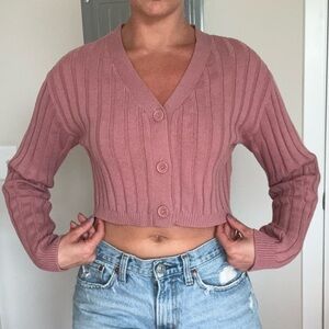 Abound Dusty Pink Rib-Knit Cropped Cardigan